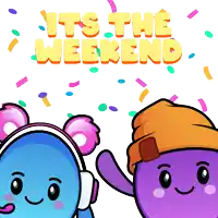 a blue and purple cartoon character with the words it 's the weekend