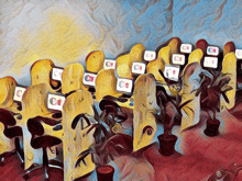 a painting of a row of cubicles with the letter c on the screen