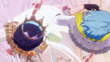 a couple of anime characters are standing next to each other on a pink background .