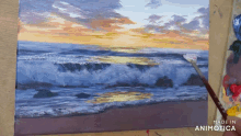 a painting of a sunset on the beach is made in animatica