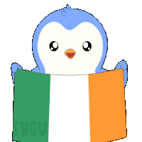 a penguin is holding a green white and orange flag in front of its face
