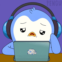 a penguin wearing headphones is looking at a laptop computer