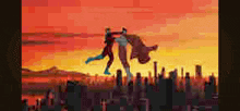 a pixel art of a couple dancing in front of a city at sunset .