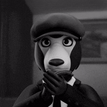 a black and white cartoon character wearing a hat and a suit