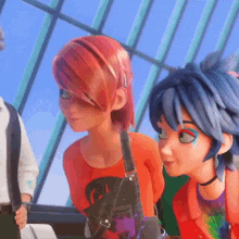 two cartoon characters are sitting next to each other in front of a window . one has red hair and the other has blue hair .