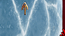a pixel art of an arrow pointing up against a blue background .