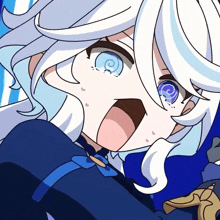 a cartoon character with white hair and blue eyes is making a surprised face