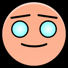 a cartoon smiley face with blue eyes and black eyebrows