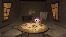 a cartoon of a girl sitting at a table with crayons and a carton of milk