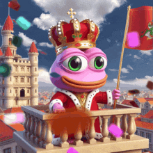 a frog wearing a crown and a robe holds a flag