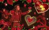 a woman in a red coat is surrounded by red roses and a heart that says " good morning "