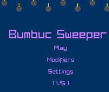 a blue background with purple text that says bumbuc sweeper on it