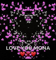 a black heart surrounded by pink hearts with the words love you mona