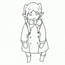 a black and white drawing of a girl in a trench coat