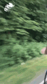 a blurry picture of a person riding a bike down a road .