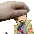 a hand is holding a man 's head in a pixel art .