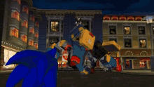 shadow the hedgehog is standing in front of a building holding a cell phone