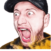 a man wearing a hat is making a funny face with his tongue hanging out