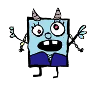 a cartoon drawing of a square with horns and pigtails