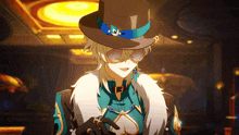 a cartoon character wearing a hat with a blue ribbon and a letter b on it
