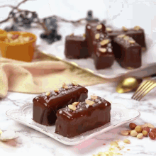 a white plate topped with two chocolate covered treats with peanuts on top