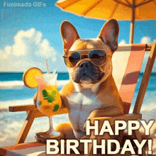 a dog wearing sunglasses is sitting on a beach chair holding a drink