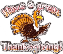 a cartoon turkey with the words `` have a great thanksgiving '' written below it .