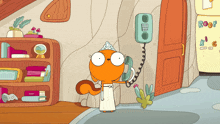 a cartoon of a squirrel talking on a phone with the word roy on the wall behind her