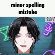 a picture of a man with purple eyes and the words minor spelling mistake above him