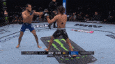 two fighters are fighting in a ufc ring with a monster energy can in the background