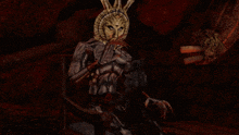a monster with horns is standing in a dark area