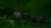a group of cartoon characters standing in the woods