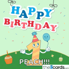 a birthday card for peach with a number one holding a balloon and cupcakes
