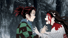 two anime characters are standing next to each other in a forest