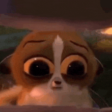 a close up of a cartoon cat with big eyes and a sad look on its face .