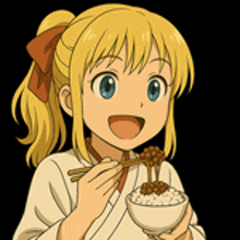 a girl is holding a bowl of rice with chopsticks