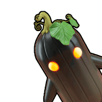 a cartoon drawing of a pumpkin with glowing eyes and a green leaf