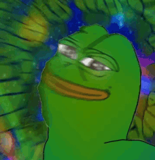 a green frog with a yellow beak is smiling with a colorful background