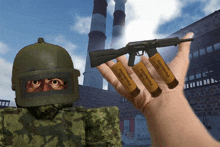 a man in a helmet holds a gun and three cartridges that say ' pinchette ' on them