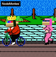 a pixel art of a man riding a bike next to a girl in a pink costume