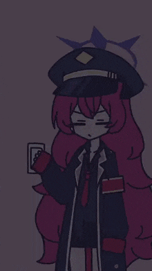 a cartoon girl with long pink hair is wearing a military uniform and holding a light switch .