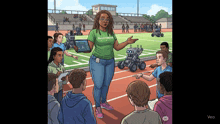 a cartoon of a woman talking to a group of kids wearing a shirt that says ' nano stem ' on it