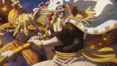 a man in a white cape holds a sword in his hand