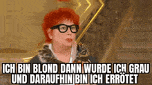 a woman with red hair and glasses is sitting on a staircase with a caption .