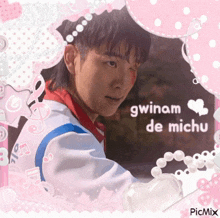 a picture of a man with gwinam de michu written in white on a pink background