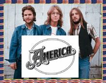 three men standing next to a sign that says " america "