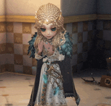 a girl with a crown on her head is standing in a room with a checkered wall