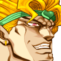 a pixel art drawing of dio from jojo 's bizarre adventure wearing a green and yellow headband .