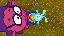 a pink cartoon character with glasses and a blue cartoon character laying on a blue towel