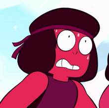 a close up of a cartoon character with a surprised expression on her face